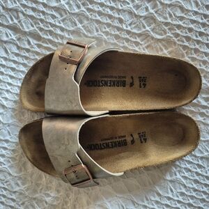 Birkenstock Light Gray Sandals with Copper Buckle